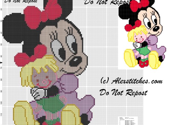 Baby Minnie combing her doll cross stitch pattern