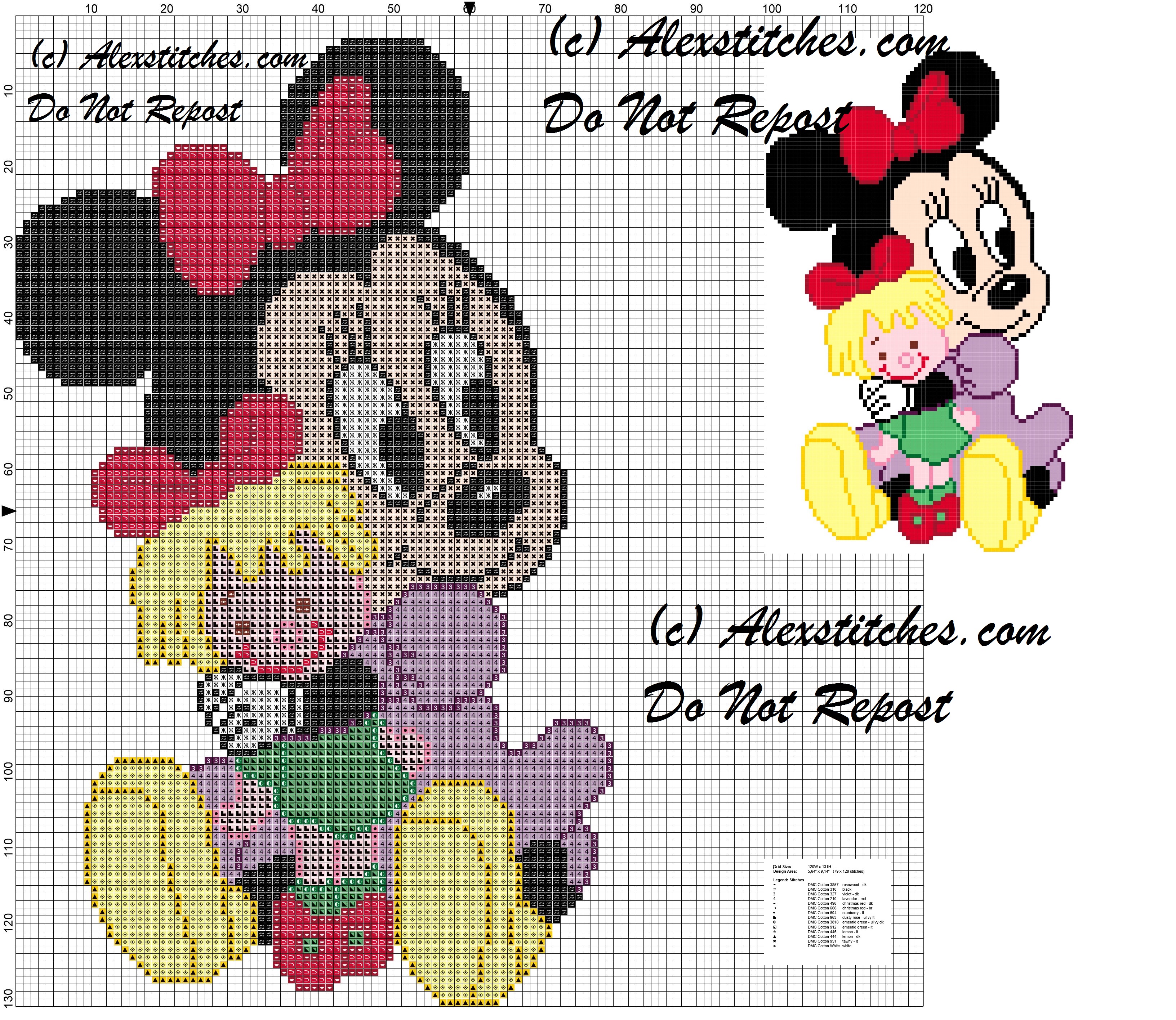 Baby Minnie combing her doll cross stitch pattern