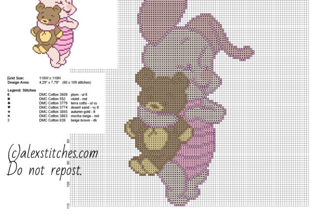 Baby Piglet with teddy bear Winnie The Pooh friend free cross stitch pattern 60 x 109 stitches 7 DMC threads