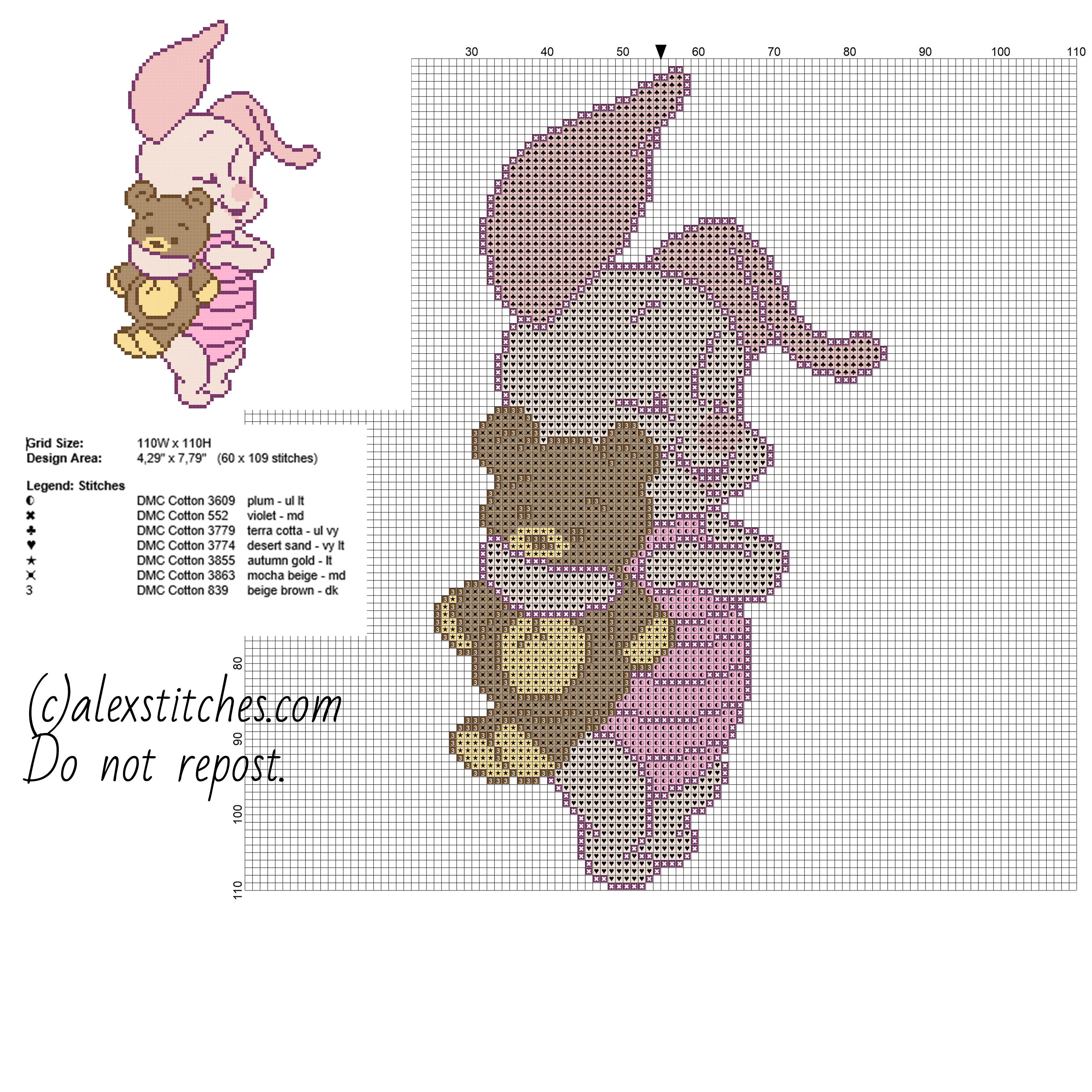 Baby Piglet with teddy bear Winnie The Pooh friend free cross stitch pattern 60 x 109 stitches 7 DMC threads