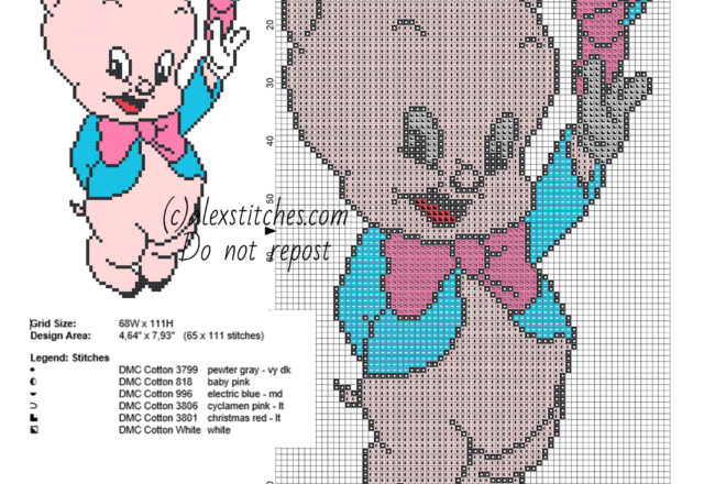Baby Porky Pig with colored hat small Looney Tunes cross stitch pattern