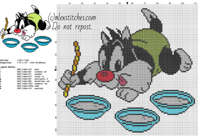 Baby Sylvester Cat Looney Tunes cartoon character free cross stitch pattern