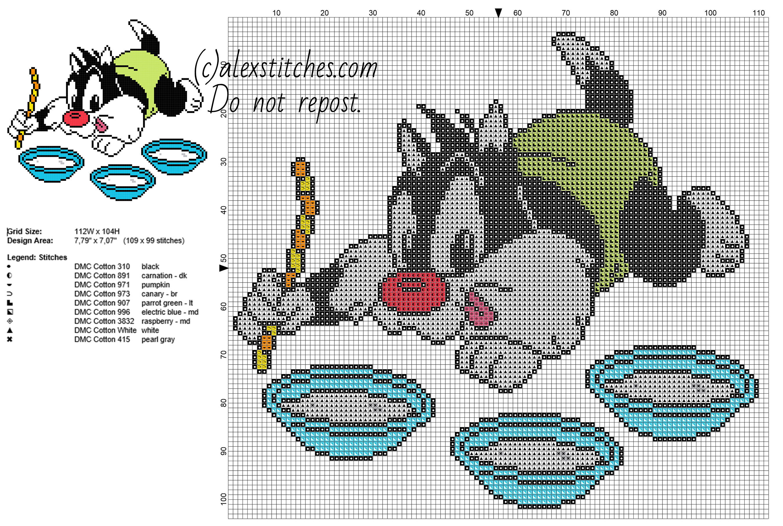 Baby Sylvester Cat Looney Tunes cartoon character free cross stitch pattern