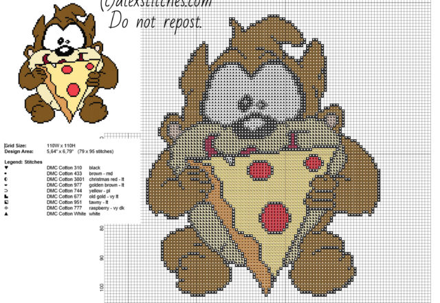 Baby Tasmanian Devil Taz eating pizza Looney Tunes character free cross stitch pattern