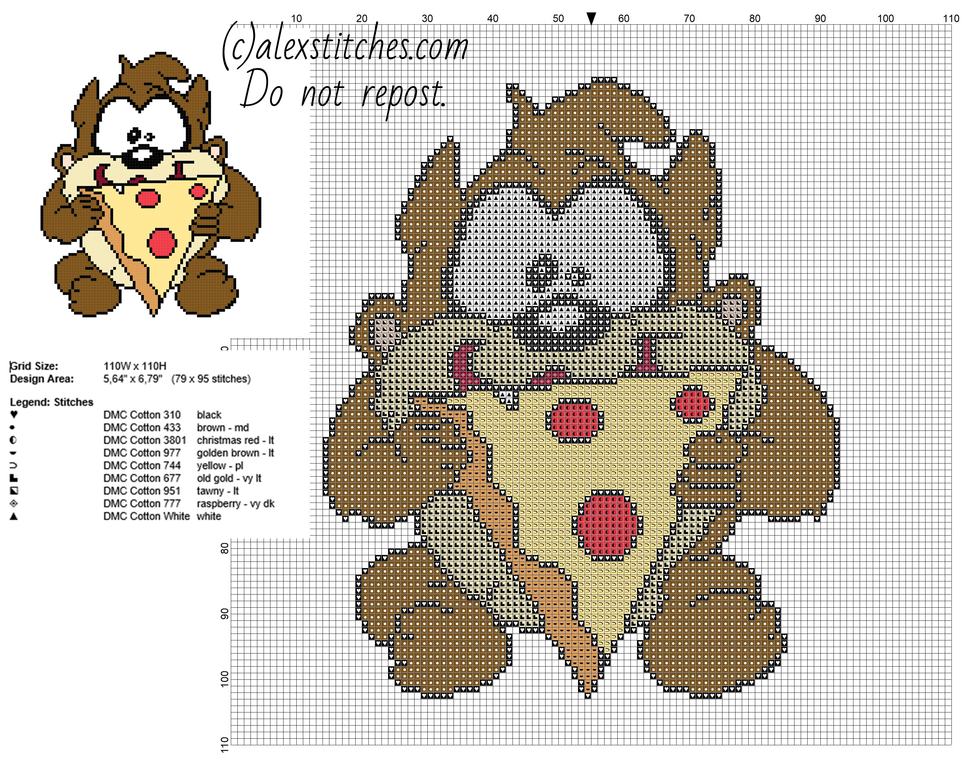 Baby Tasmanian Devil Taz eating pizza Looney Tunes character free cross stitch pattern