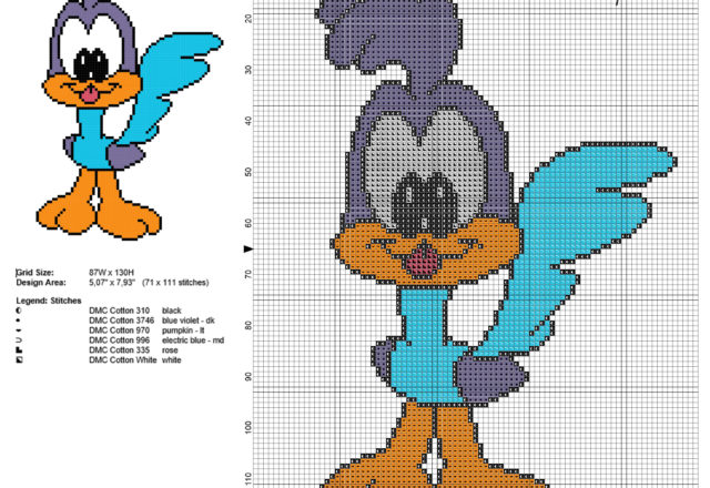 Baby The Road Runner Looney Tunes character free cross stitch pattern 71 x 111