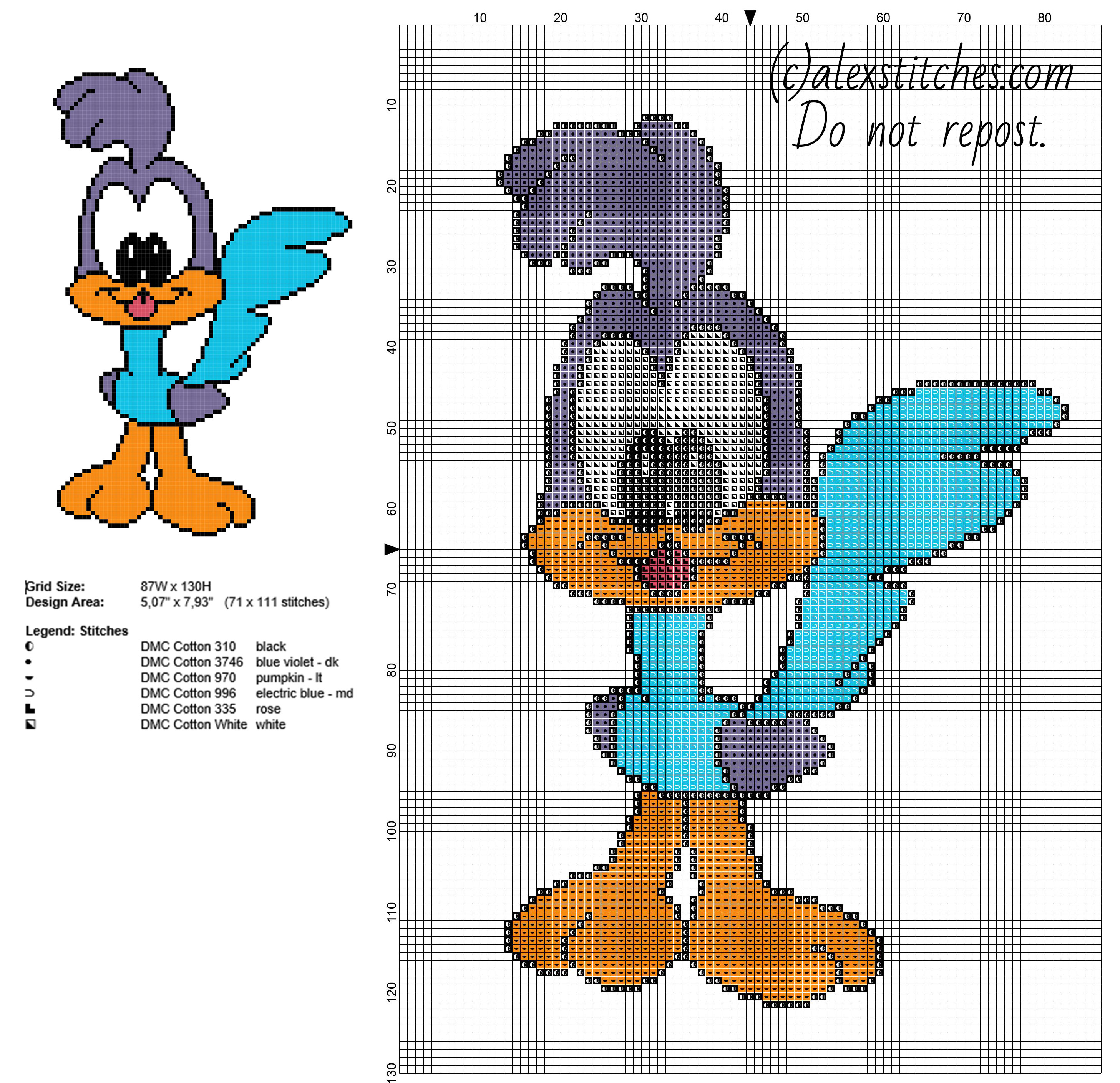 Baby The Road Runner Looney Tunes character free cross stitch pattern 71 x 111