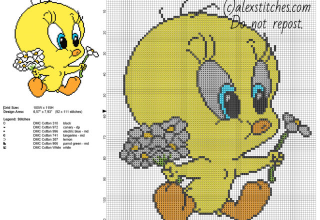 Baby Tweety Bird with daisies flowers Looney Tunes character free cross stitch pattern