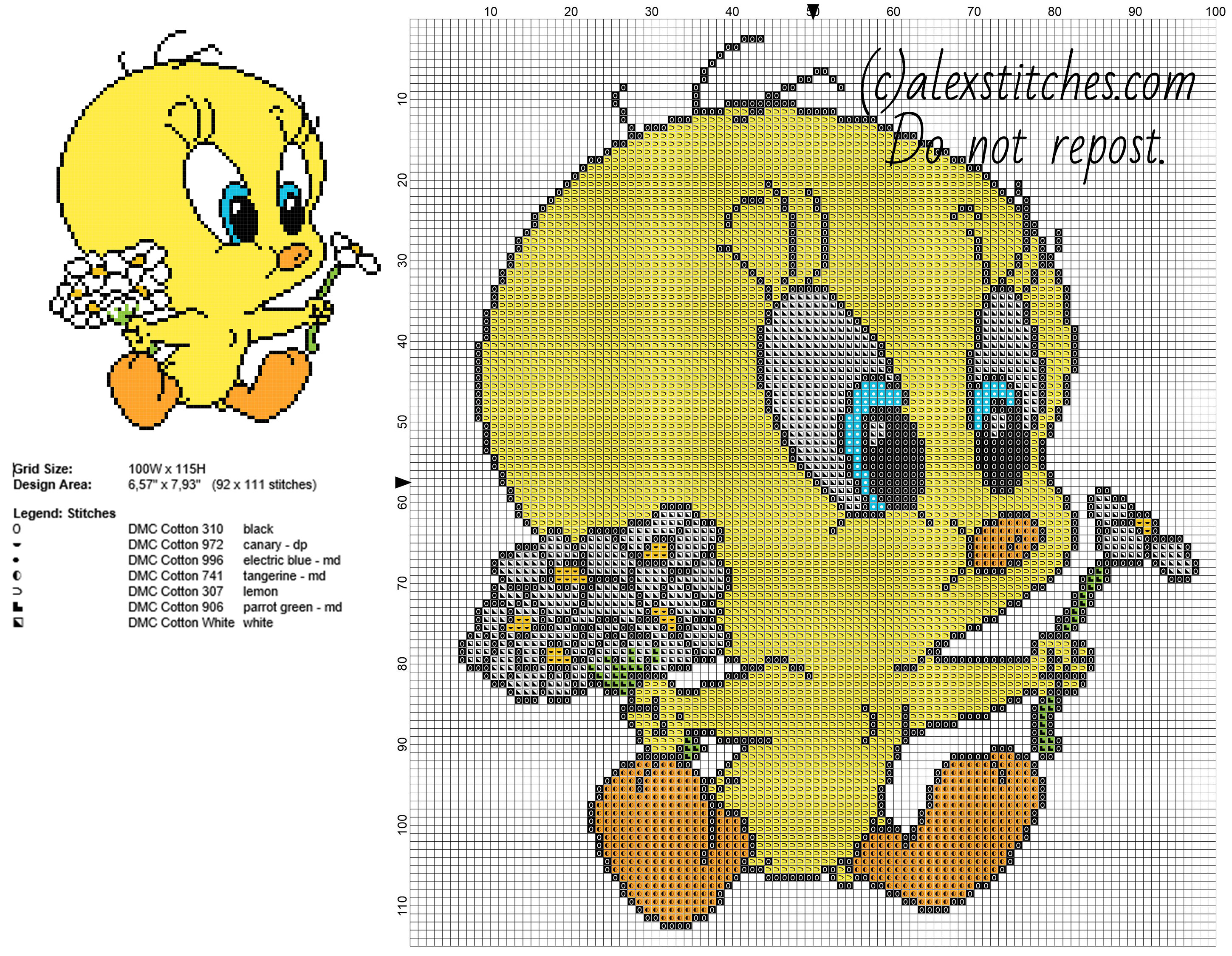 Baby Tweety Bird with daisies flowers Looney Tunes character free cross stitch pattern