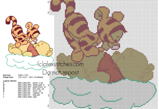 Baby Winnie The Pooh and baby Tiger on the clouds cross stitch pattern