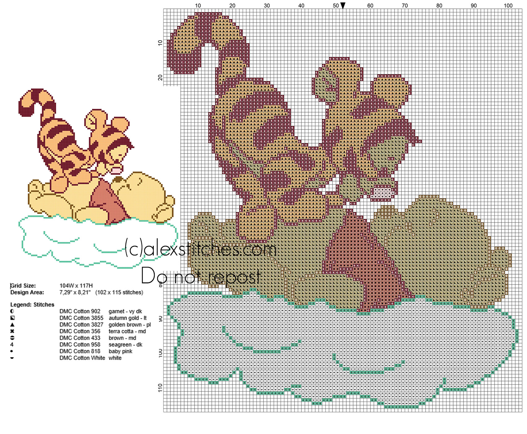 Baby Winnie The Pooh and baby Tiger on the clouds cross stitch pattern