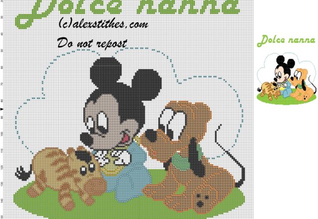 Baby blanket with baby Mickey Mouse, Pluto and zebra cross stitch pattern