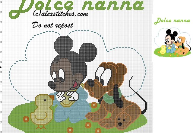 Baby blanket with baby Mickey Mouse, Pluto e chick cross stitch pattern