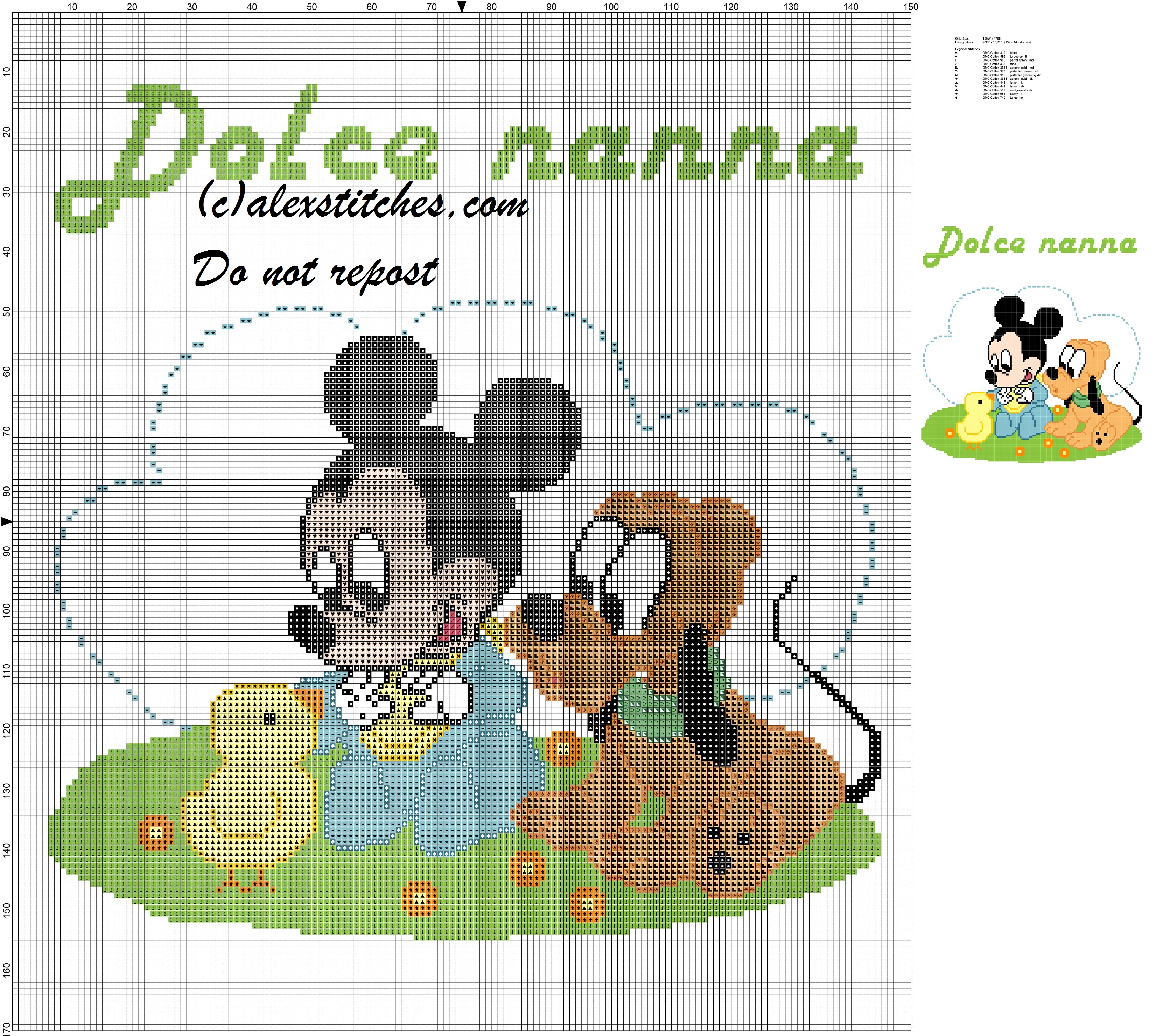 Baby blanket with baby Mickey Mouse, Pluto e chick cross stitch pattern