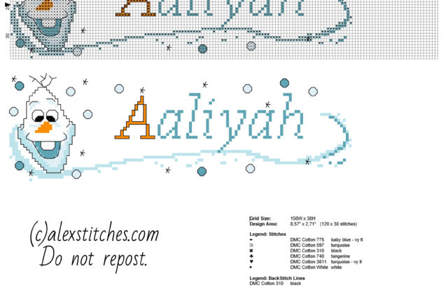 Baby cross stitch name Aaliyah with Olaf from Disney Frozen free download