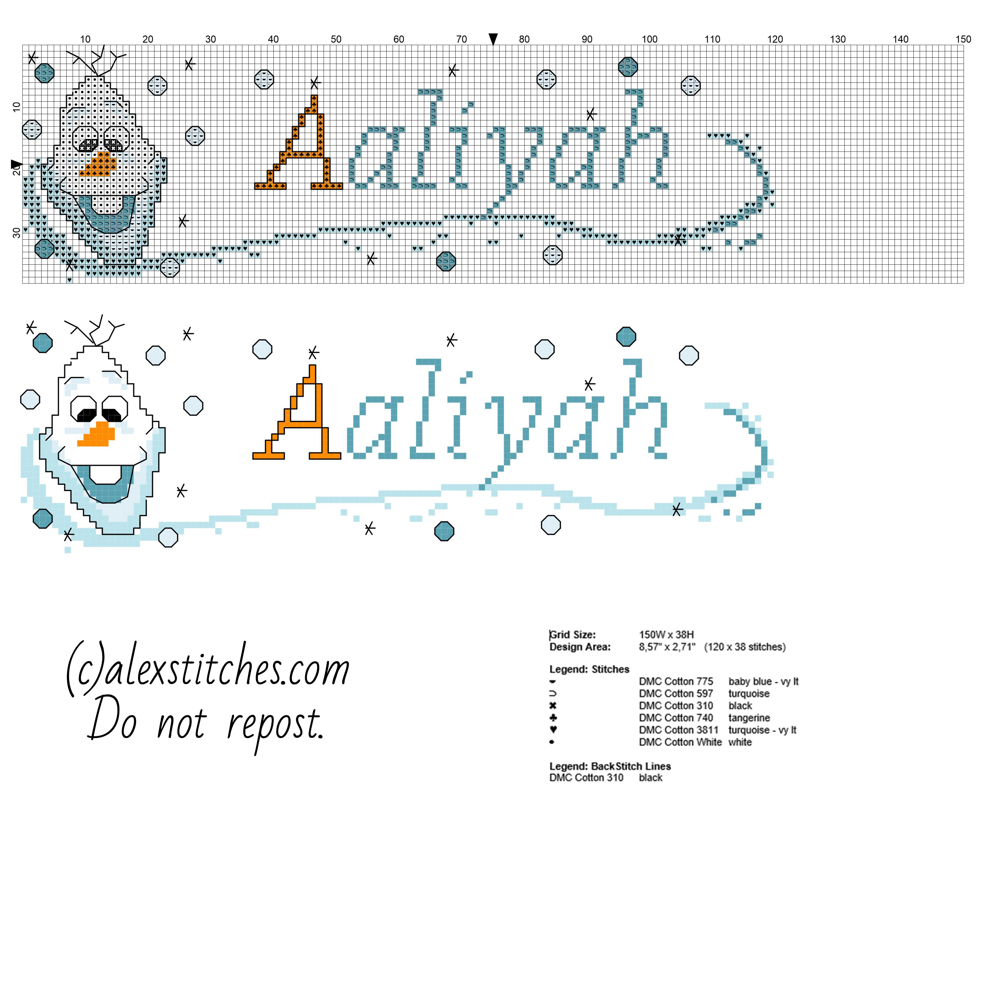 Baby cross stitch name Aaliyah with Olaf from Disney Frozen free download