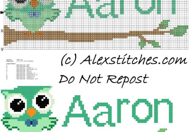 Baby cross stitch name Aaron with owl free download