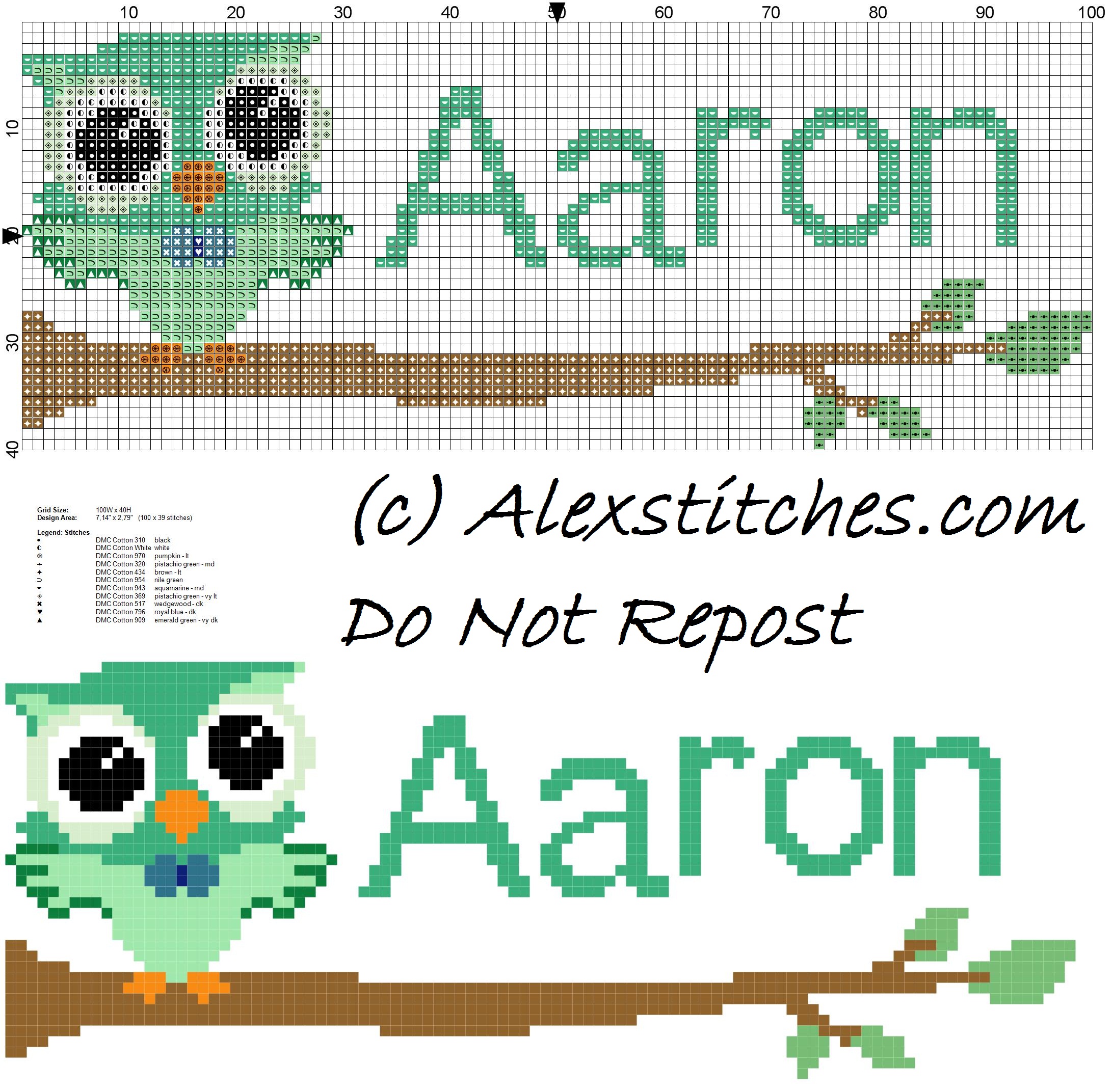 Baby cross stitch name Aaron with owl free download