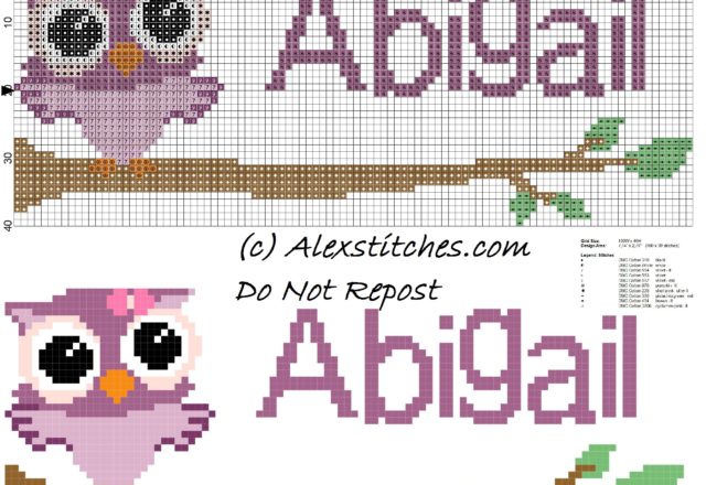 Baby cross stitch name Abigail with owl free download