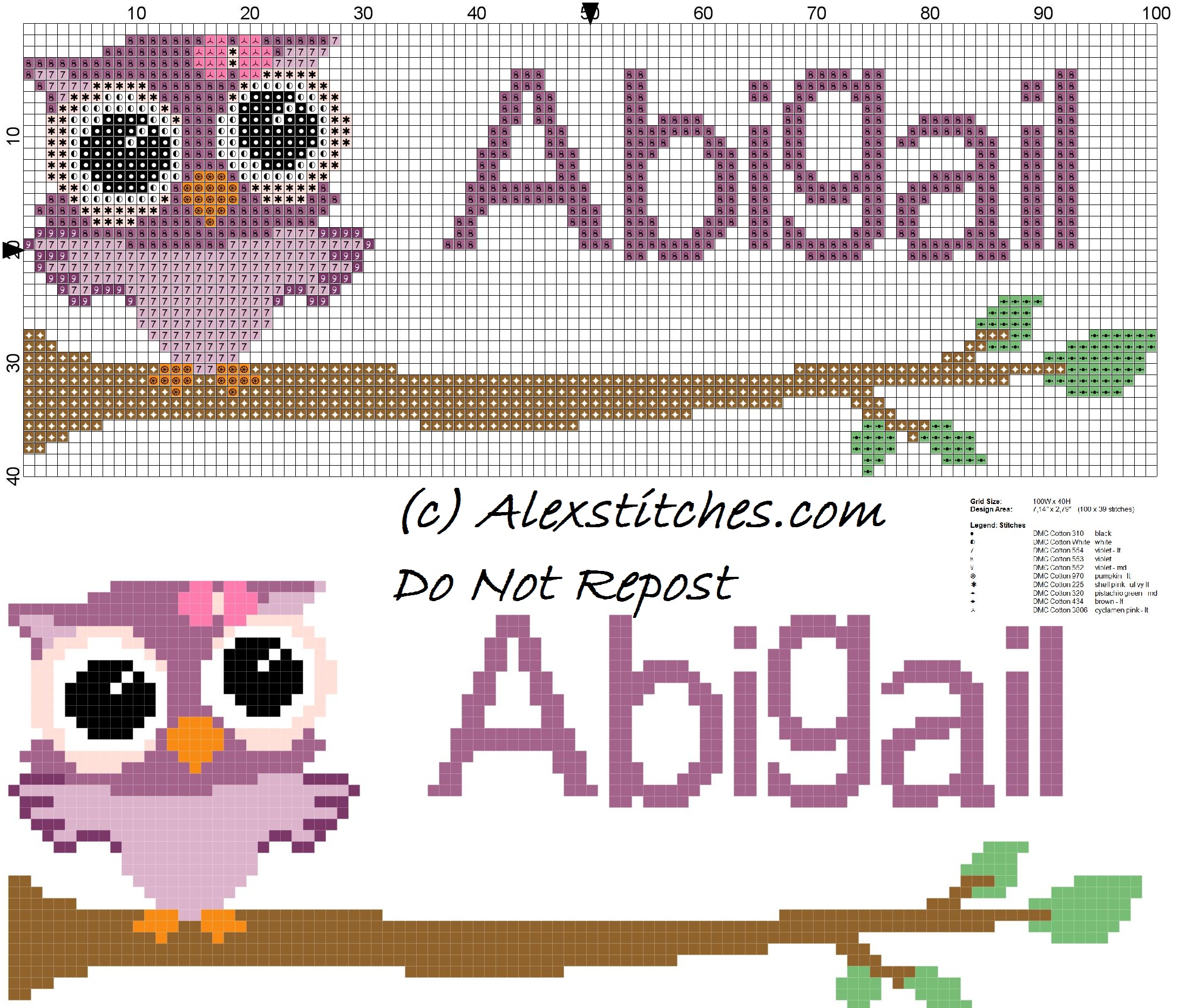 Baby cross stitch name Abigail with owl free download