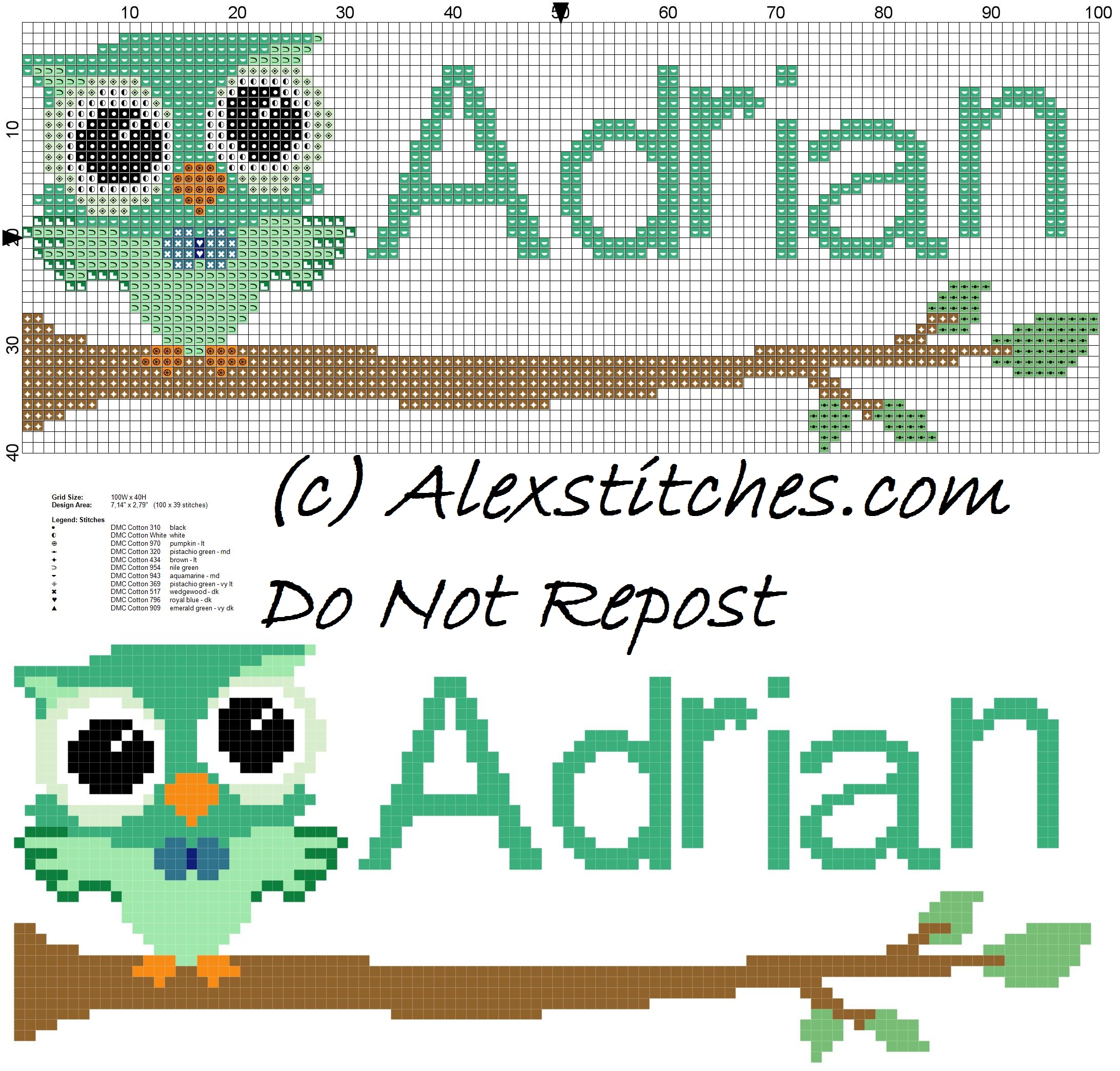 Baby cross stitch name Adrian with owl free download