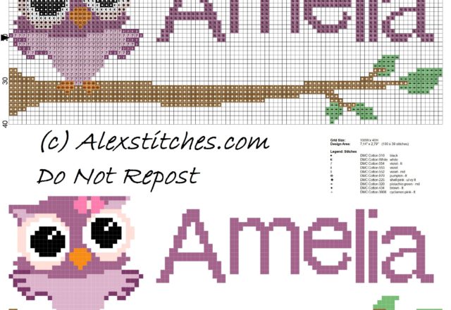 Baby cross stitch name Alice with owl free download-01