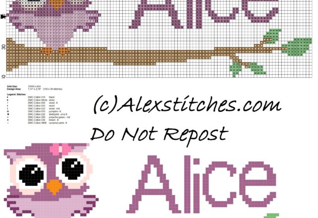 Baby cross stitch name Alice with owl free download