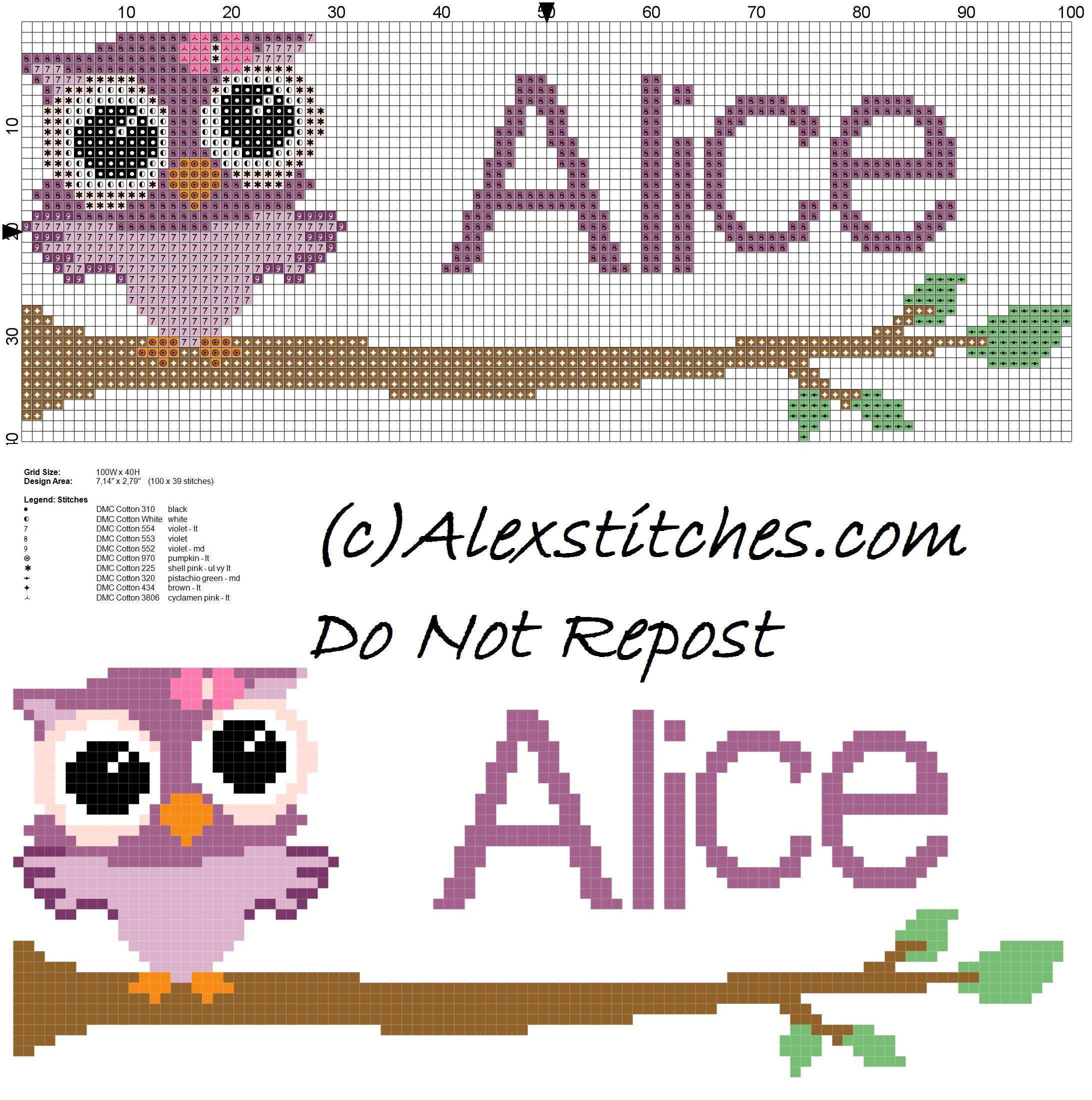 Baby cross stitch name Alice with owl free download