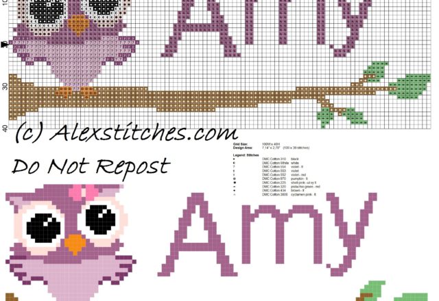 Baby cross stitch name Amy with owl free download