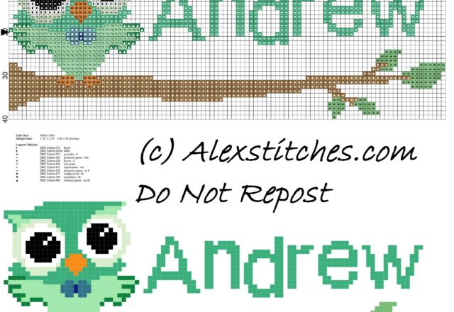 Baby cross stitch name Andrew with owl free download