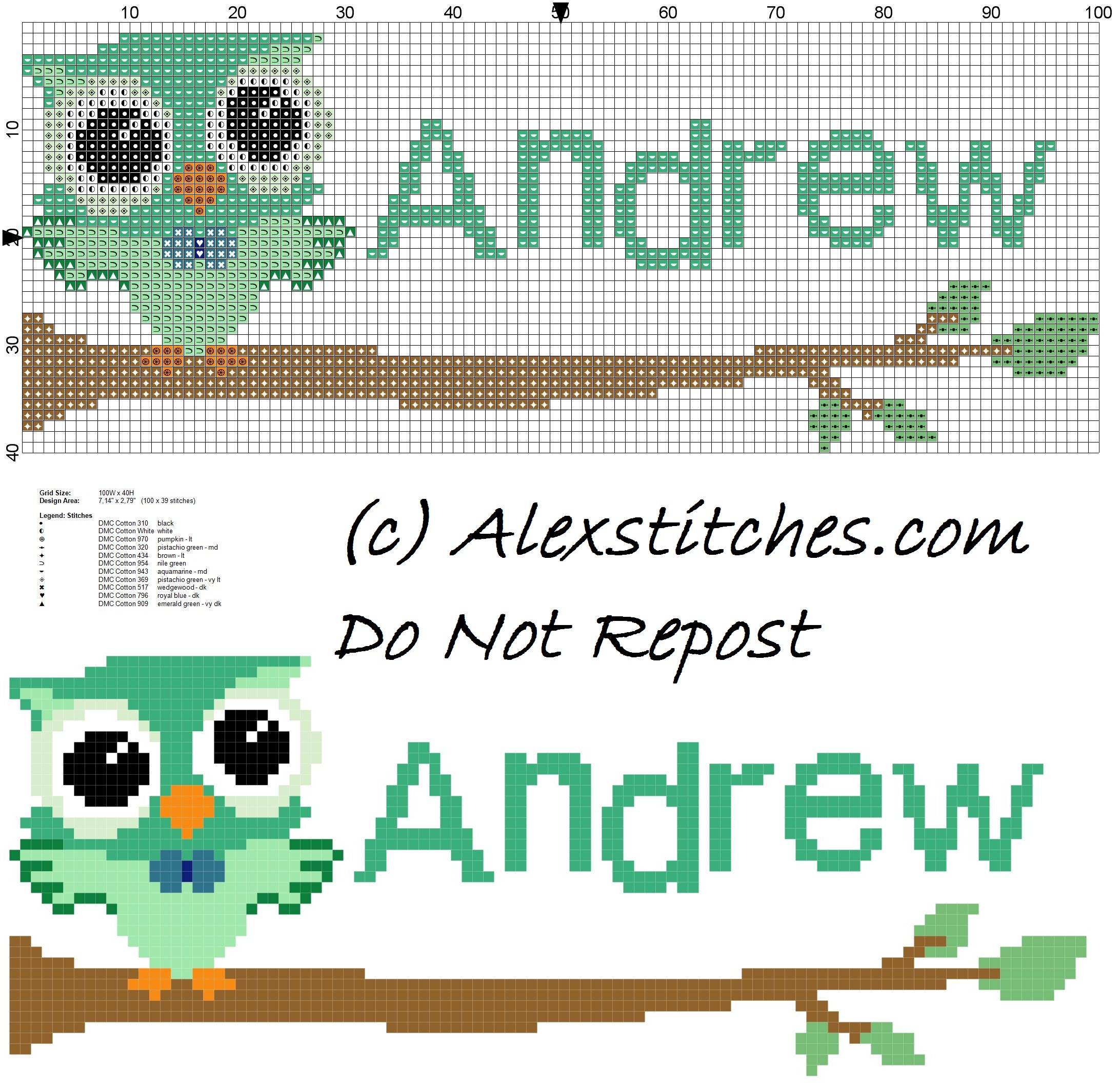 Baby cross stitch name Andrew with owl free download