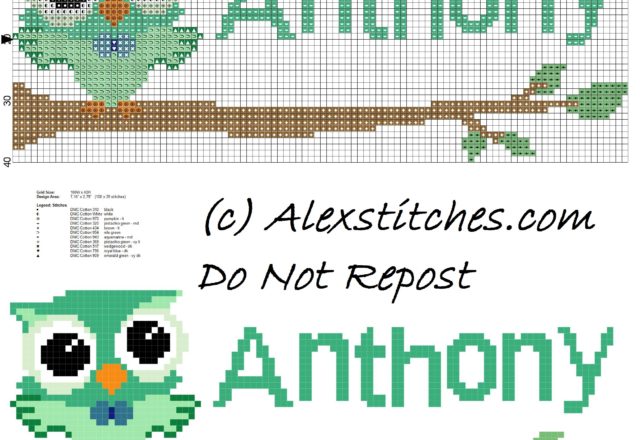Baby cross stitch name Anthony with owl free download