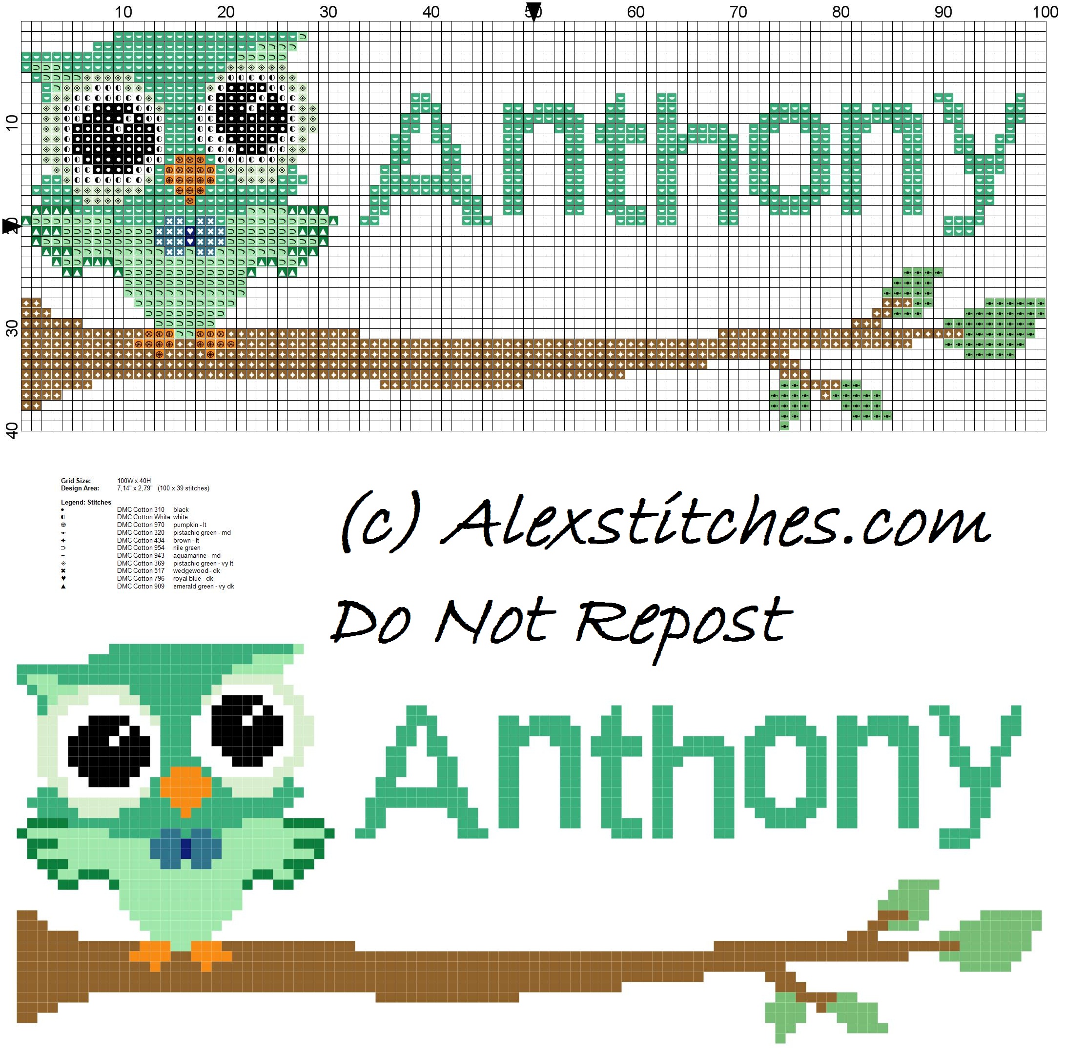 Baby cross stitch name Anthony with owl free download