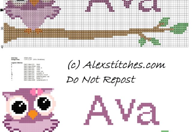 Baby cross stitch name Ava with owl free download