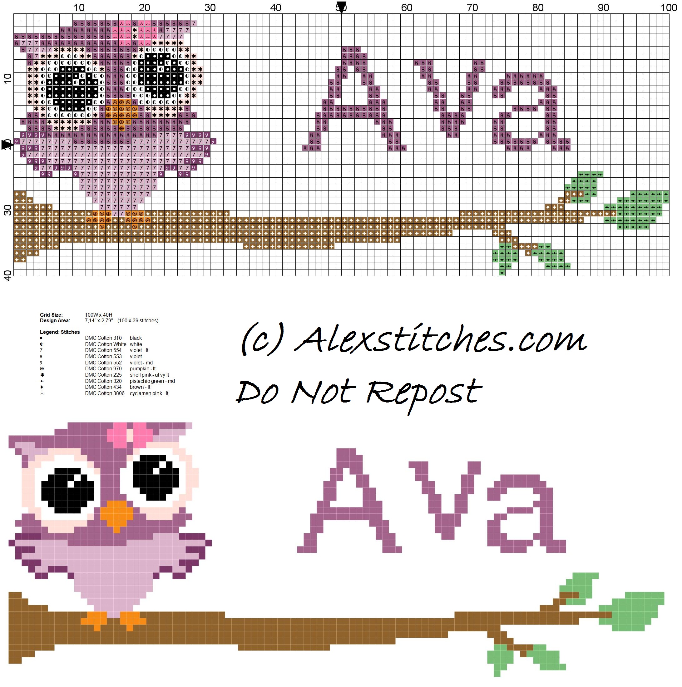 Baby cross stitch name Ava with owl free download