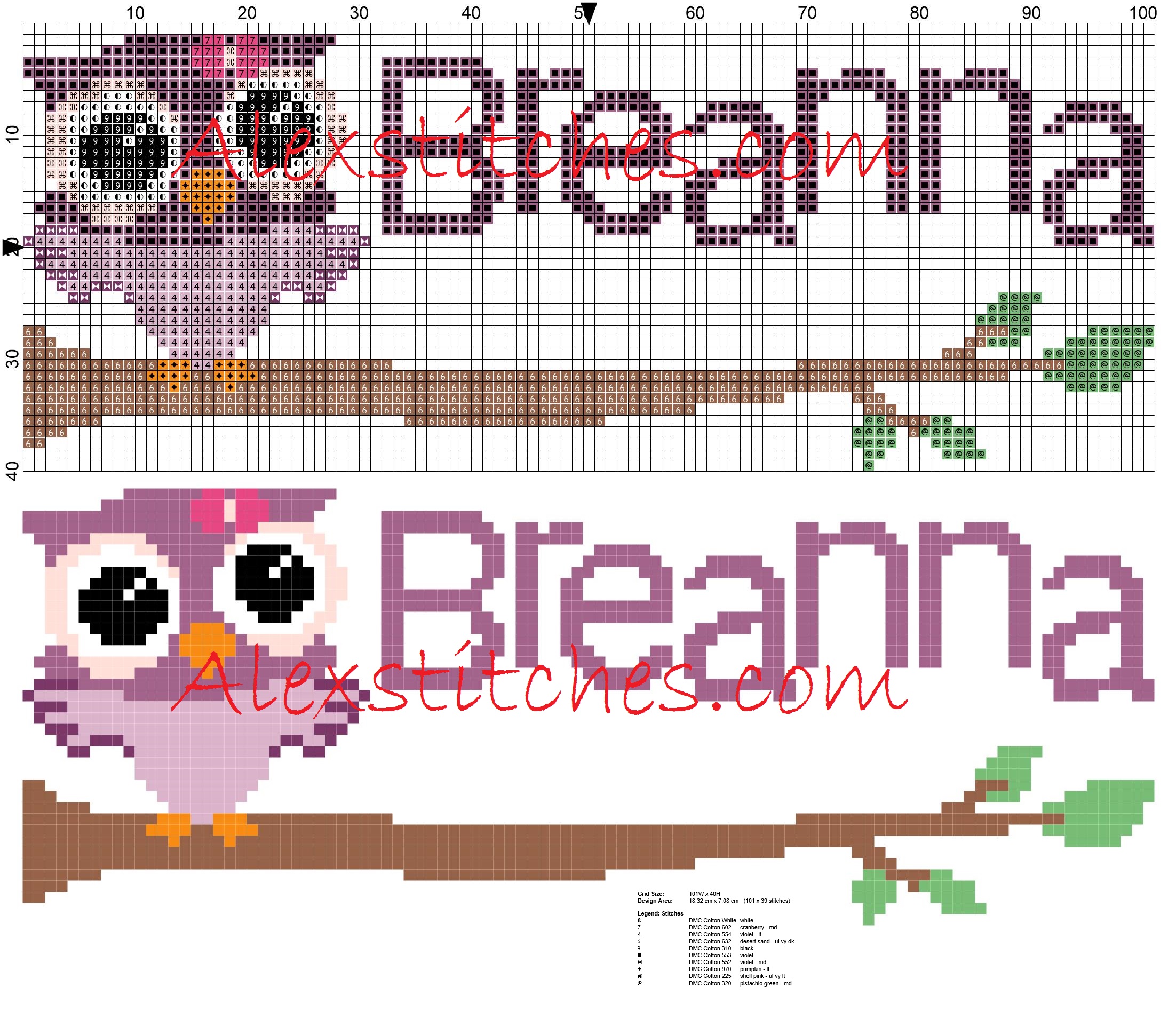 Baby cross stitch name Breanna with owl free download