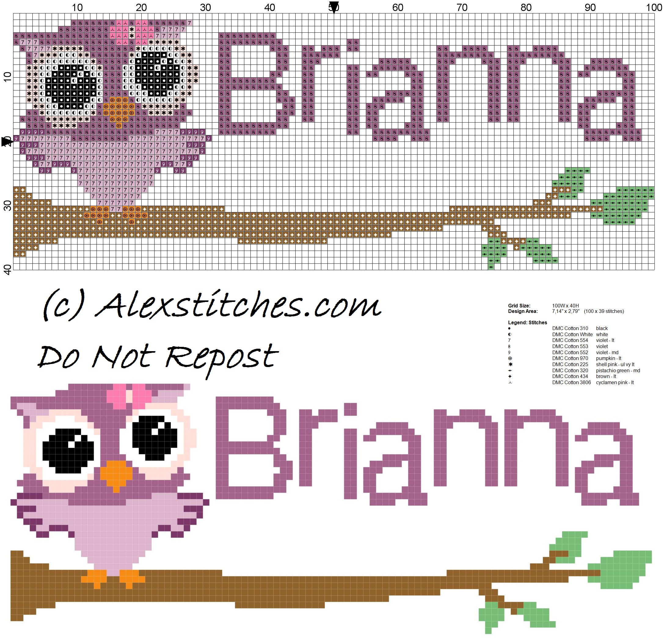 Baby cross stitch name Briannal with owl free download