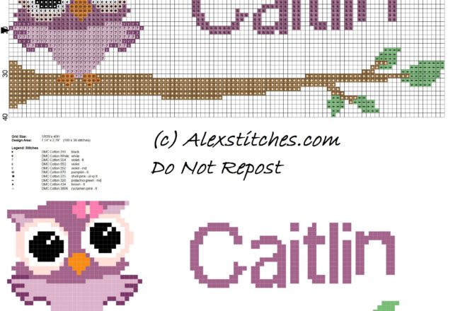 Baby cross stitch name Caitlin with owl free download