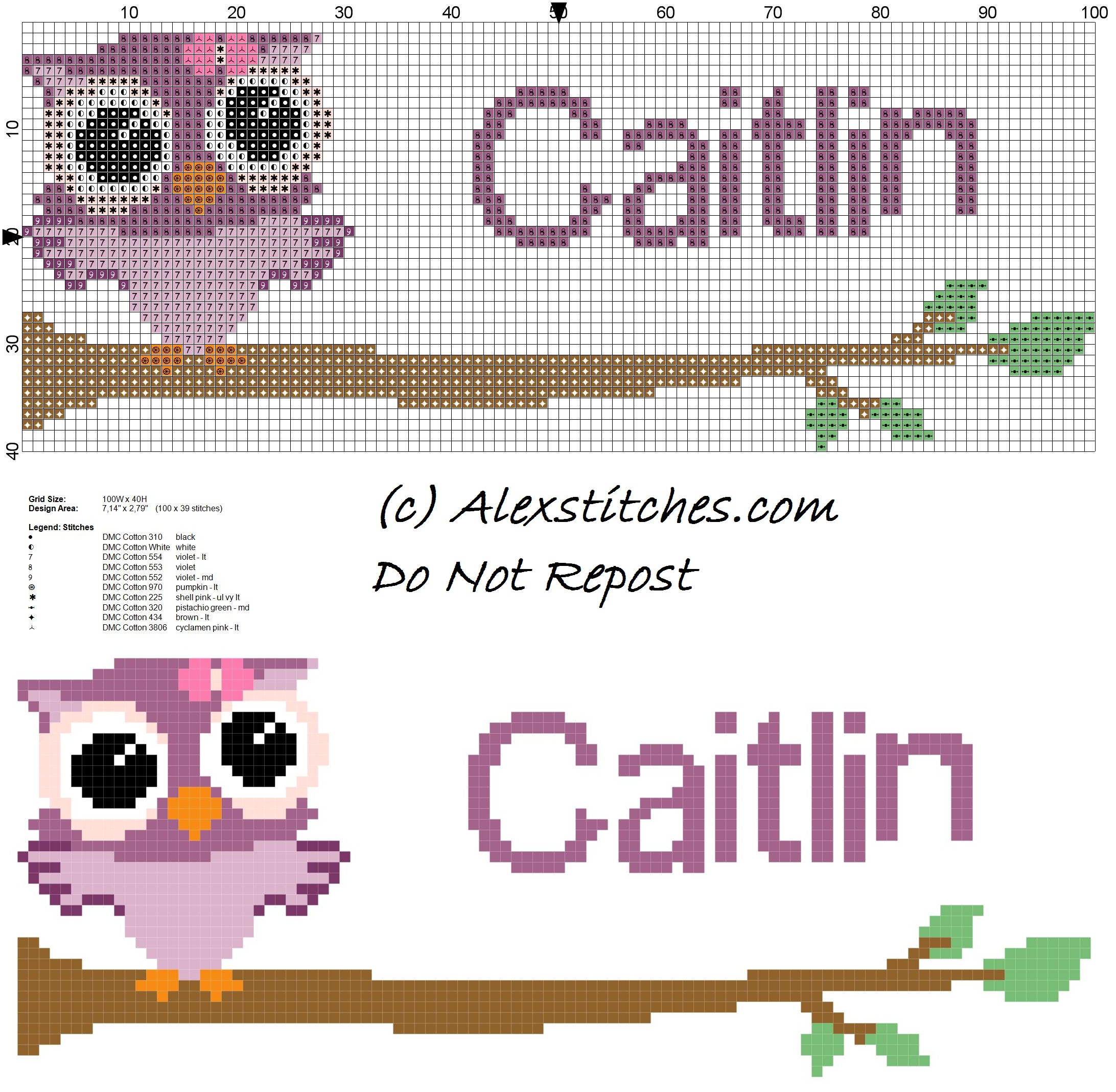 Baby cross stitch name Caitlin with owl free download