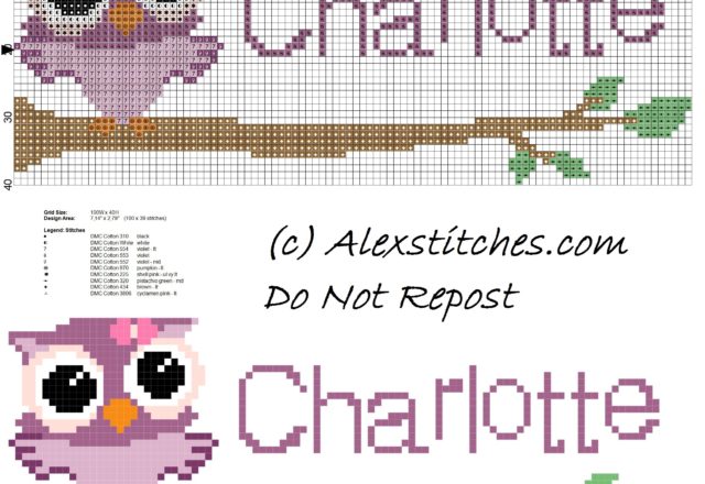 Baby cross stitch name Charlotte with owl free download
