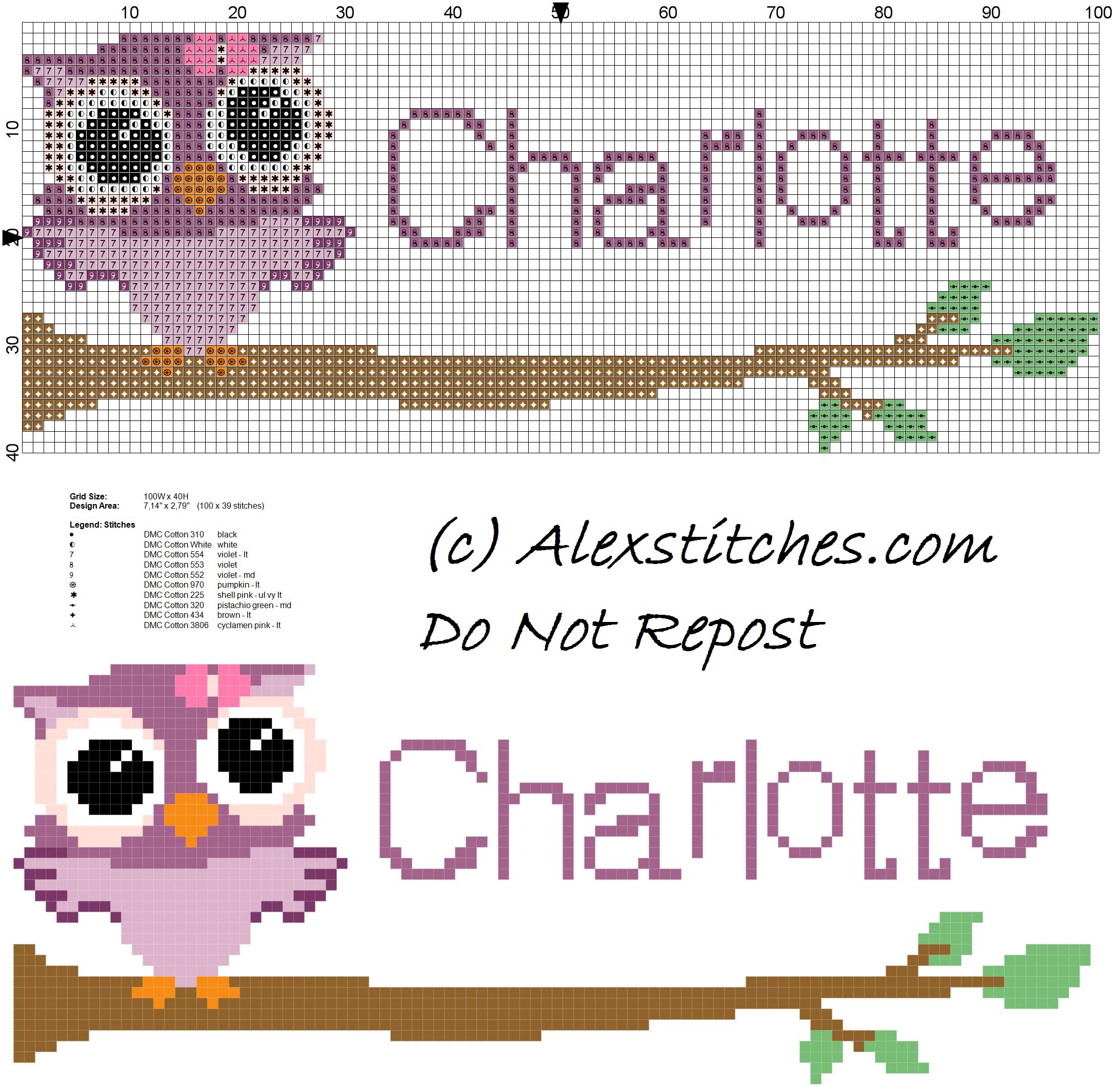 Baby cross stitch name Charlotte with owl free download