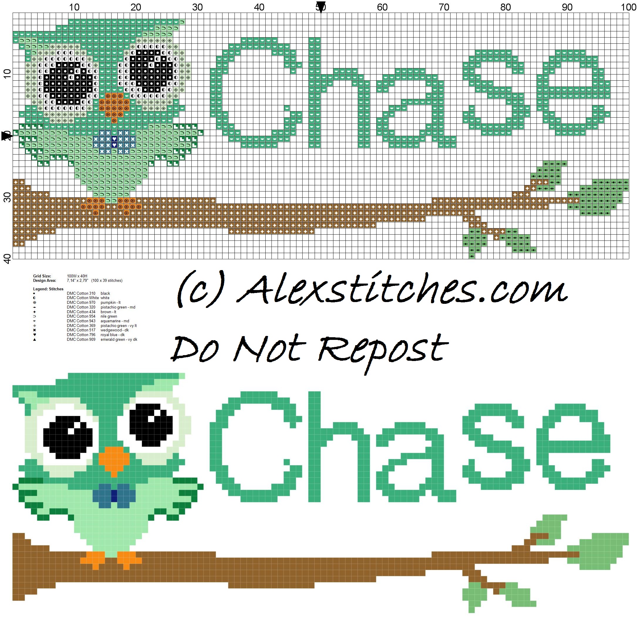 Baby cross stitch name Chase with owl free download