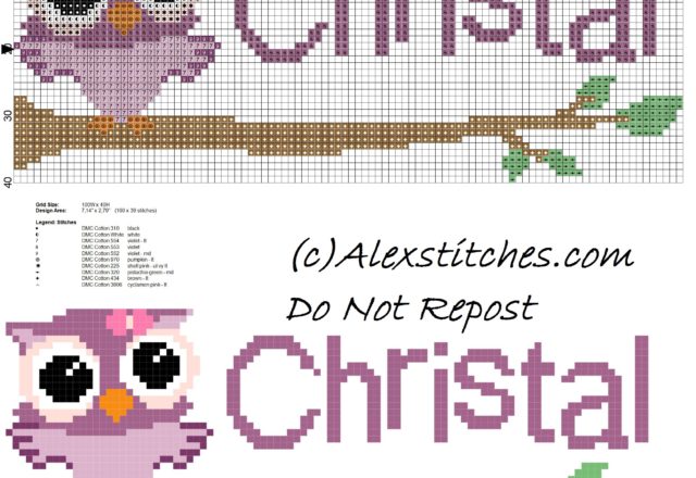 Baby cross stitch name Christal with owl free download