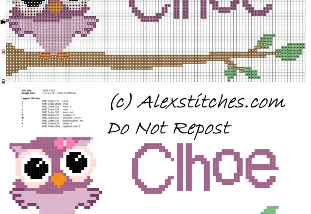 Baby cross stitch name Clhoe with owl free download
