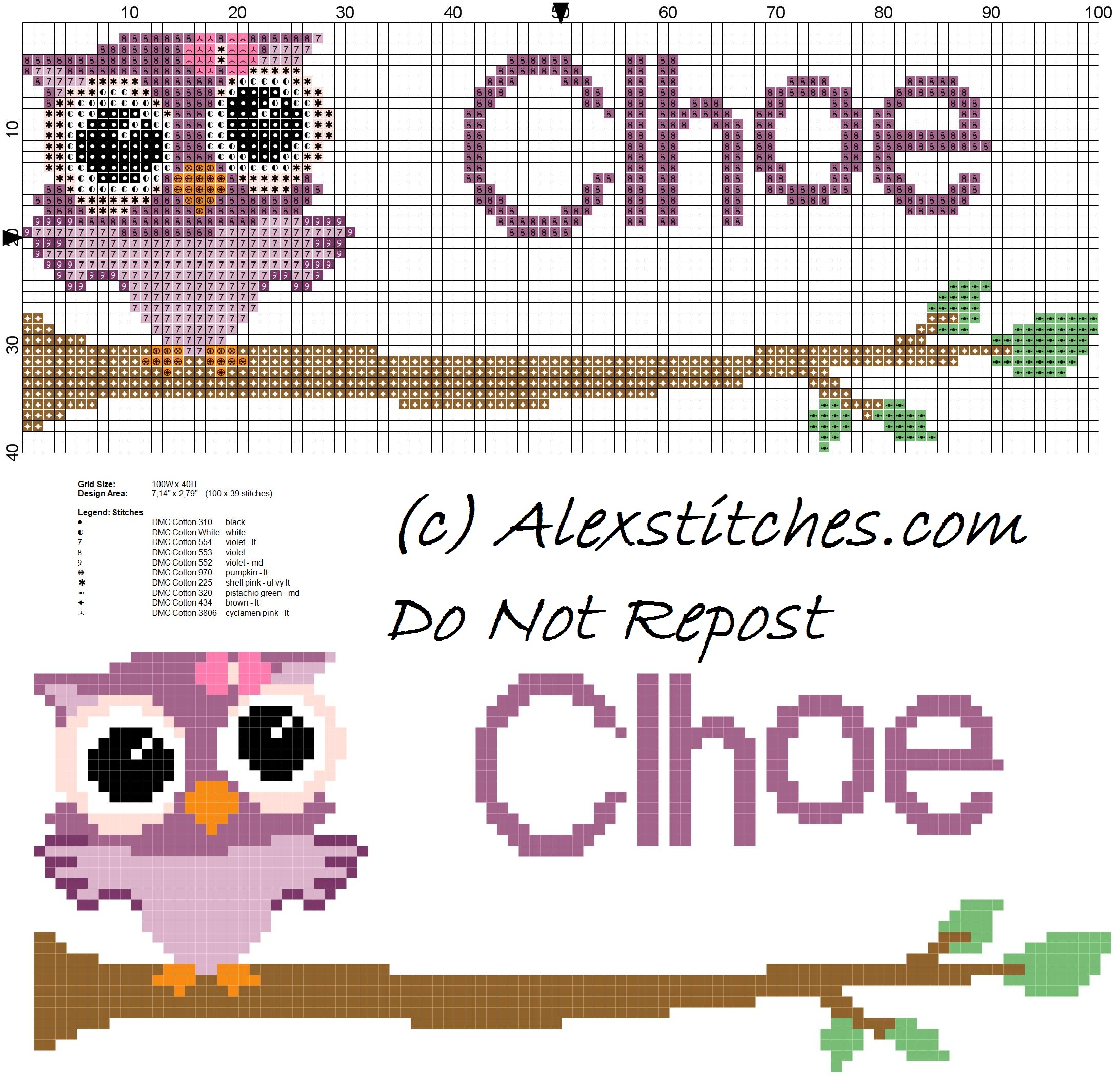 Baby cross stitch name Clhoe with owl free download