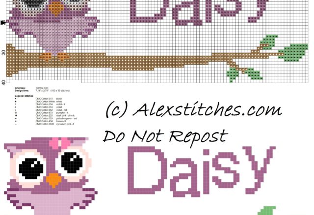 Baby cross stitch name Daisyl with owl free download