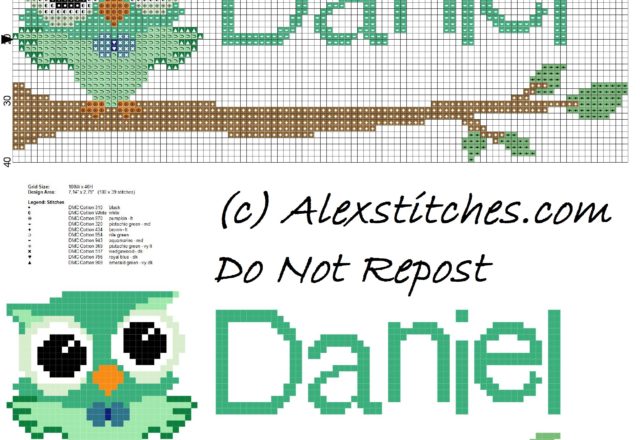 Baby cross stitch name Daniel with owl free download