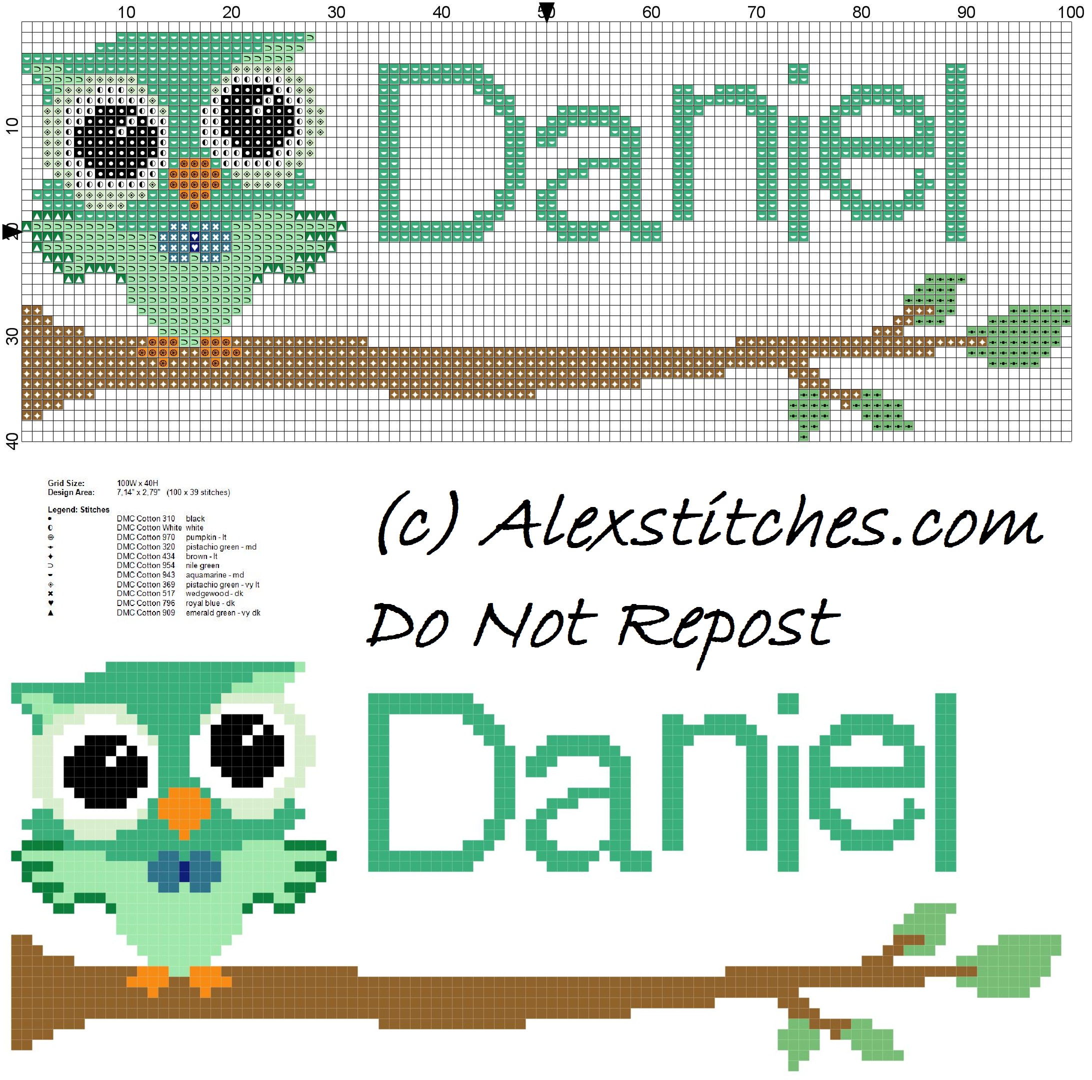 Baby cross stitch name Daniel with owl free download