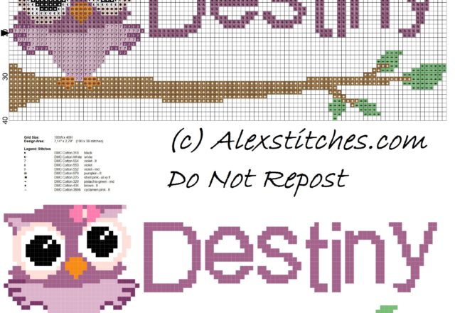 Baby cross stitch name Destiny with owl free download