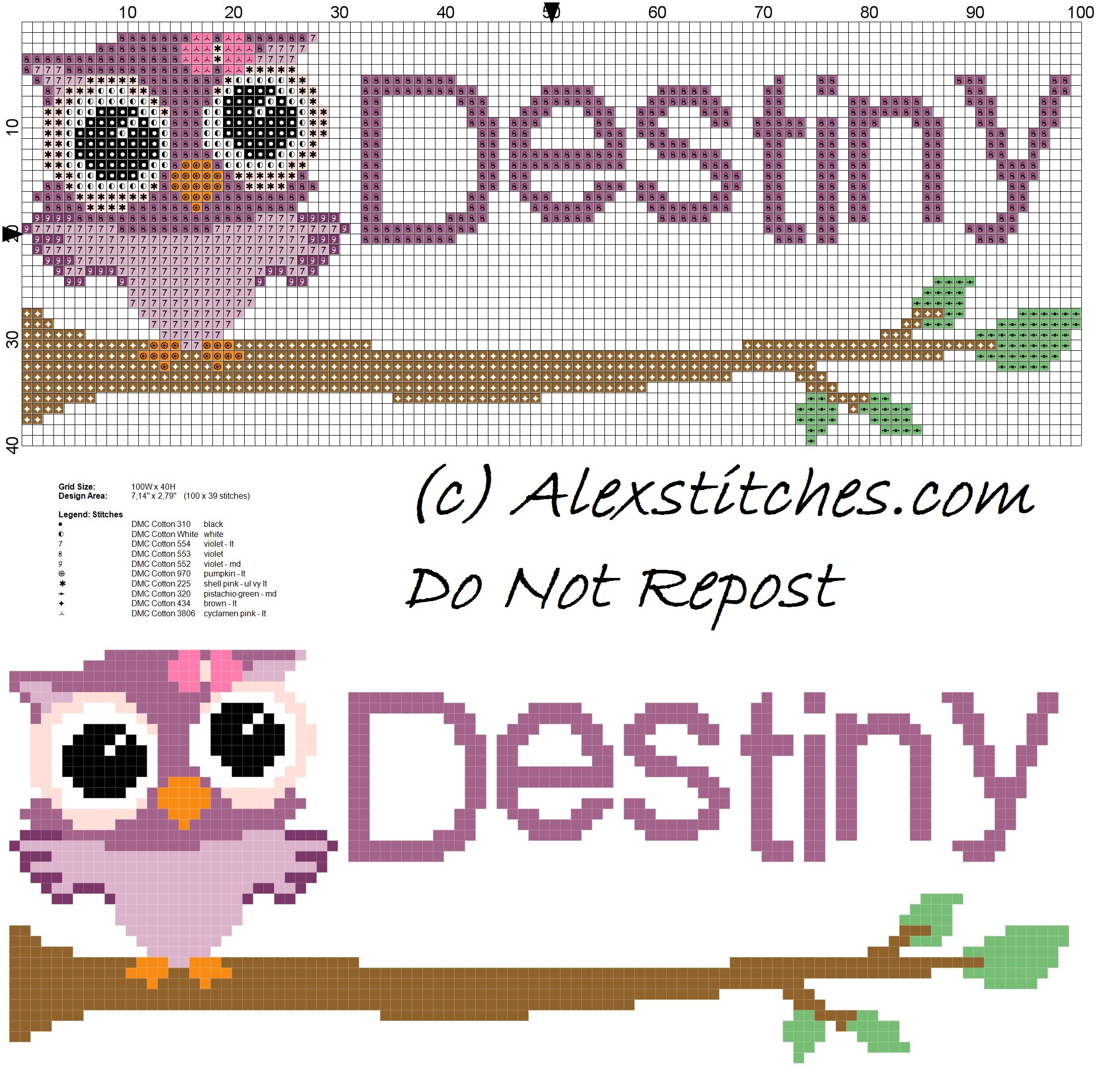 Baby cross stitch name Destiny with owl free download